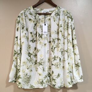 NWT Rose+Olive Women XL Batwing Long Sleeve Floral Blouse Cream Ivory Green Boho